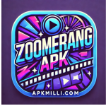 Zoomerang APK banner with a unique background, featuring app and site name