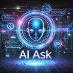 AI-powered search engine banner featuring 'Ai Ask' and 'ApkMilli.com' in a futuristic digital design