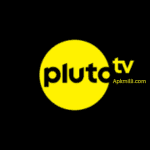 Pluto TV MOD APK logo with a streaming interface in the background.